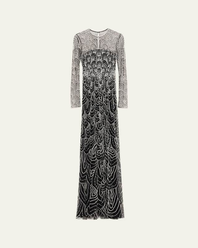 Scallop Embellished Long-Sleeve Illusion Gown